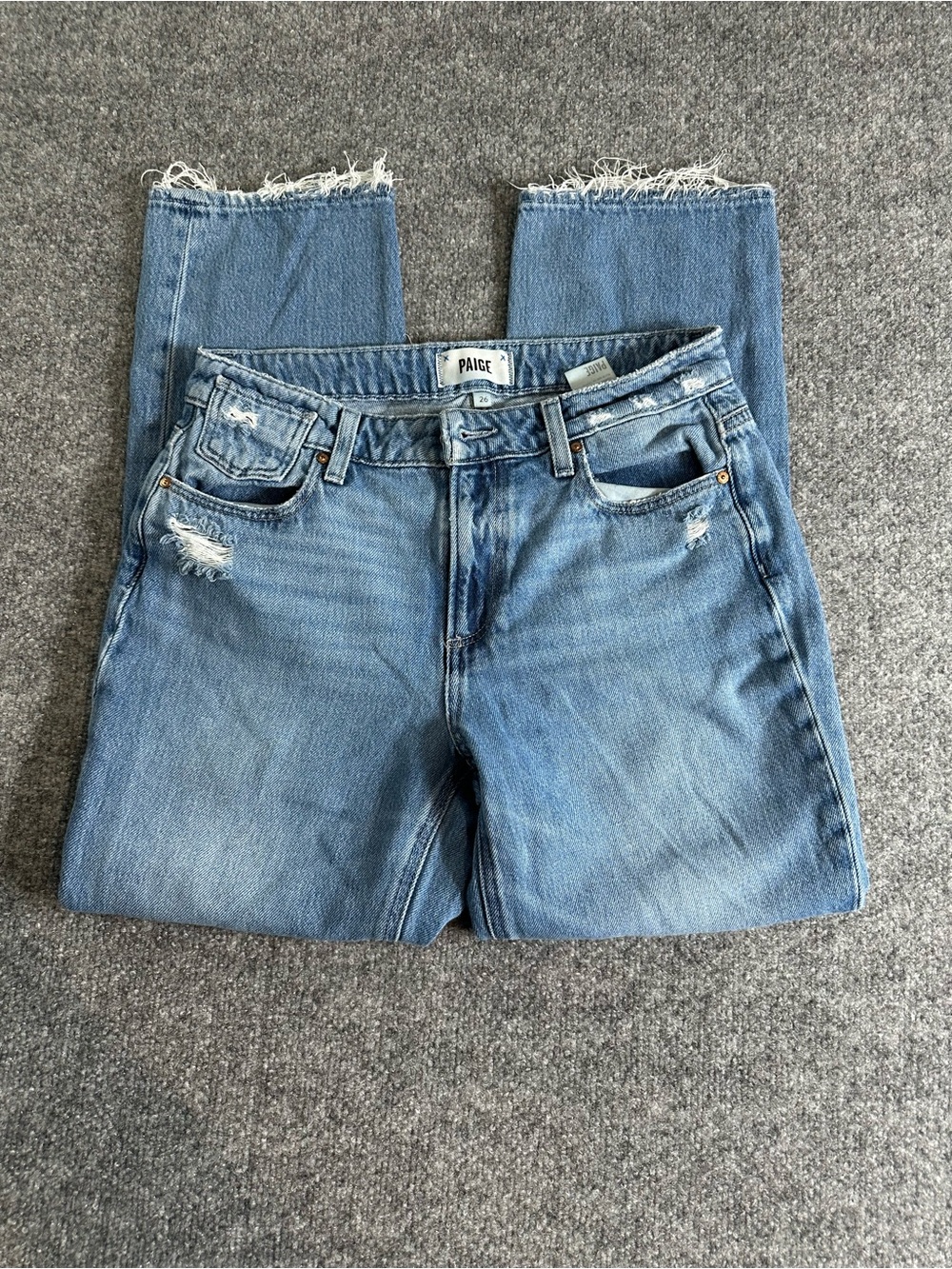 PAIGE Noella Medium Blue Straight Leg Jeans with Distressed Hem